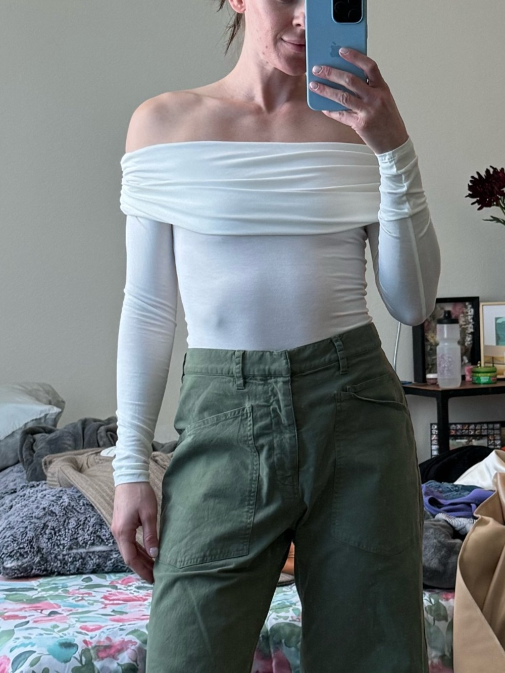 CLYQUE Off-Shoulder Long Sleeve Bodysuit in White